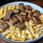 Cajun Steak Tips with Penne in Creamy Parmesan Cheese Sauce