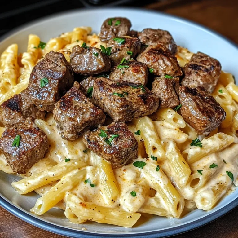 Cajun Steak Tips with Penne in Creamy Parmesan Cheese Sauce