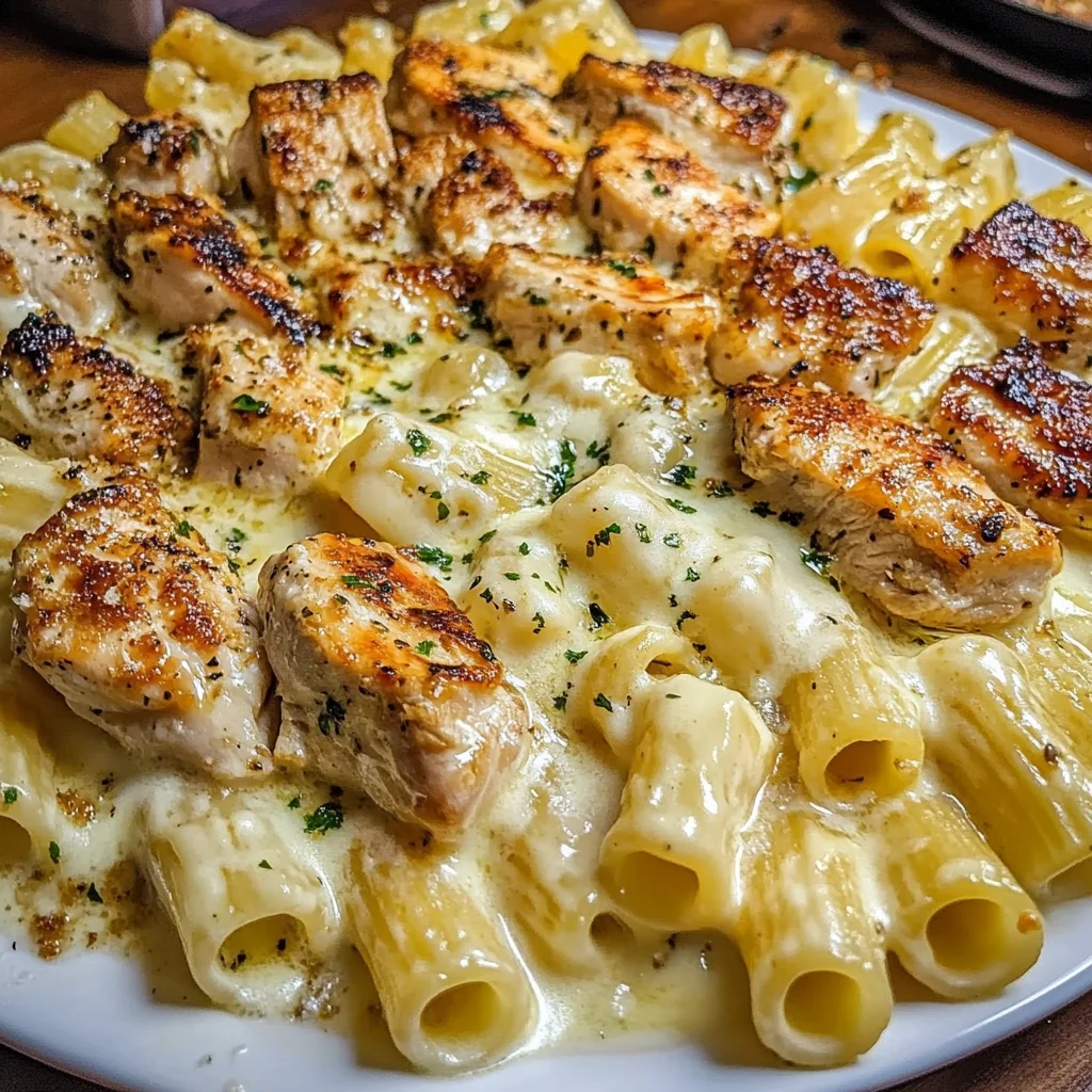Cheesy Chicken Alfredo Rigatoni in Garlic Butter Sauce