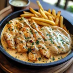 Creamy Butter Chicken with Garlic Drizzle, Golden Fries & Warm Naan