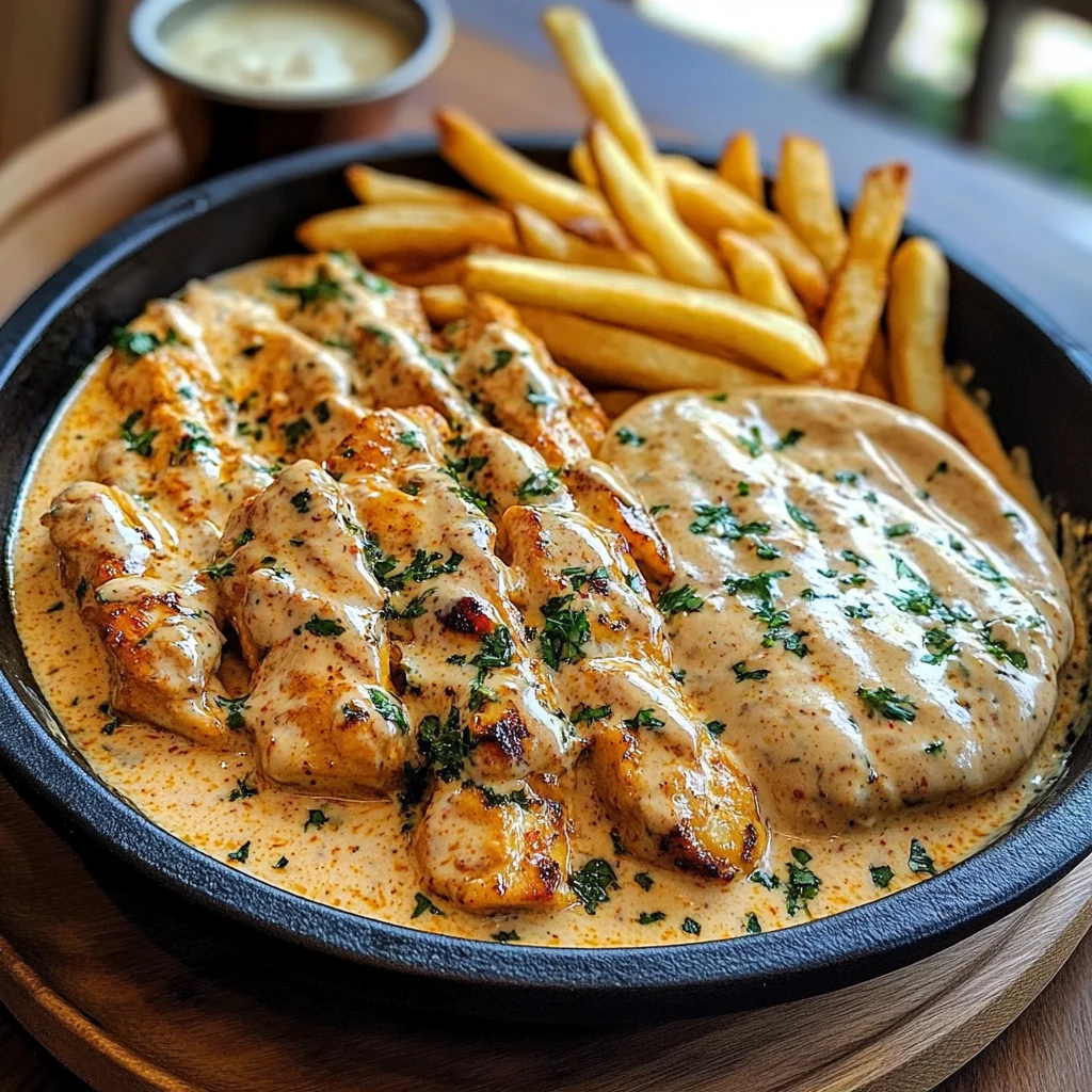 Creamy Butter Chicken with Garlic Drizzle, Golden Fries & Warm Naan