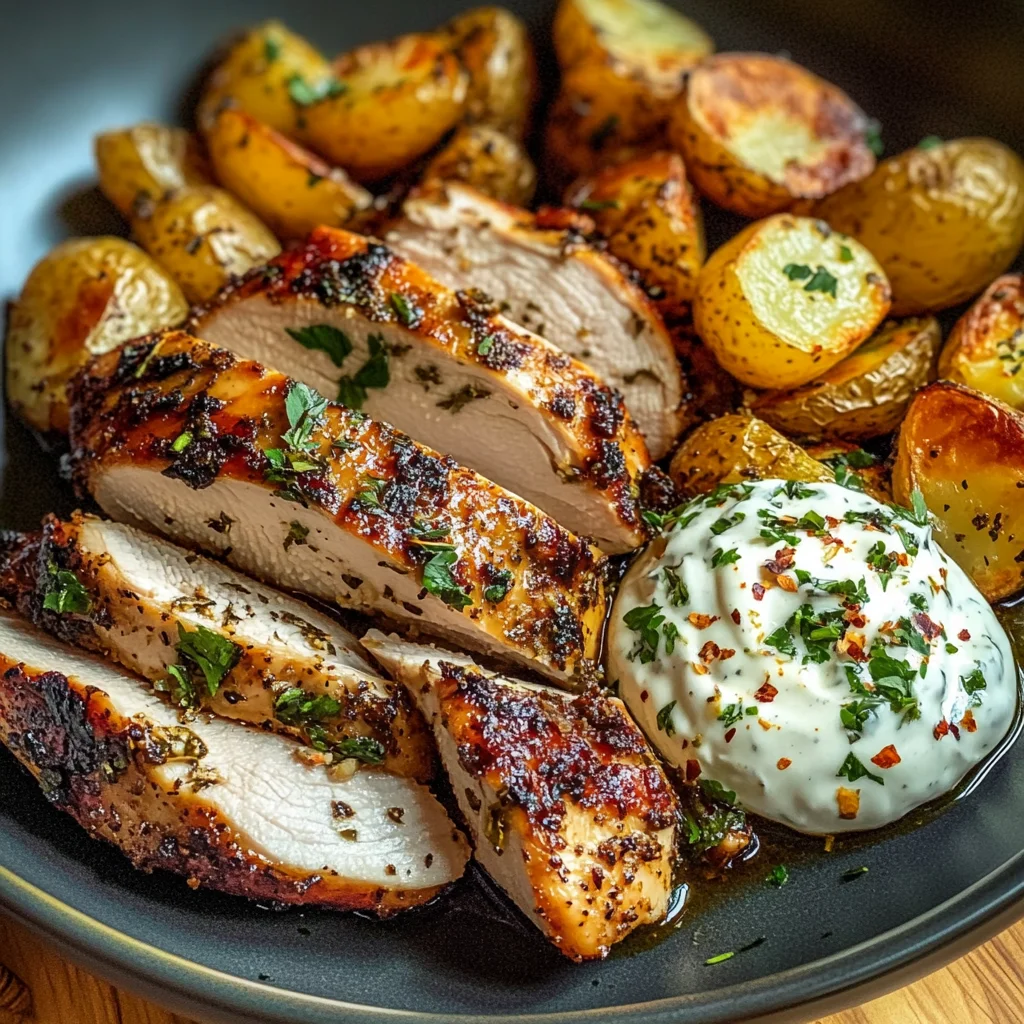 Herb-Marinated Chicken with Roasted Potatoes & Creamy Dip